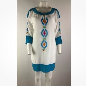 Gretchen Scott Sz M Embroidered Tunic Dress White Blue Polyester Pullover